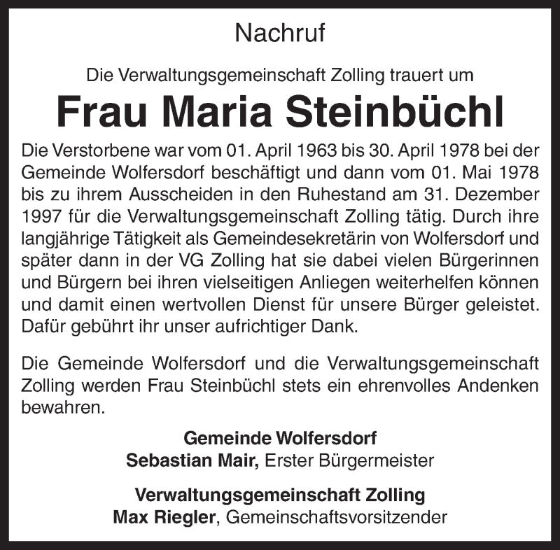  Traueranzeige für Maria Steinbüchl vom 17.06.2013 aus merkurtz
