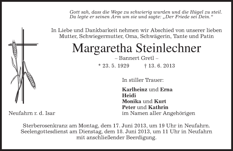  Traueranzeige für Margaretha Steinlechner vom 15.06.2013 aus merkurtz