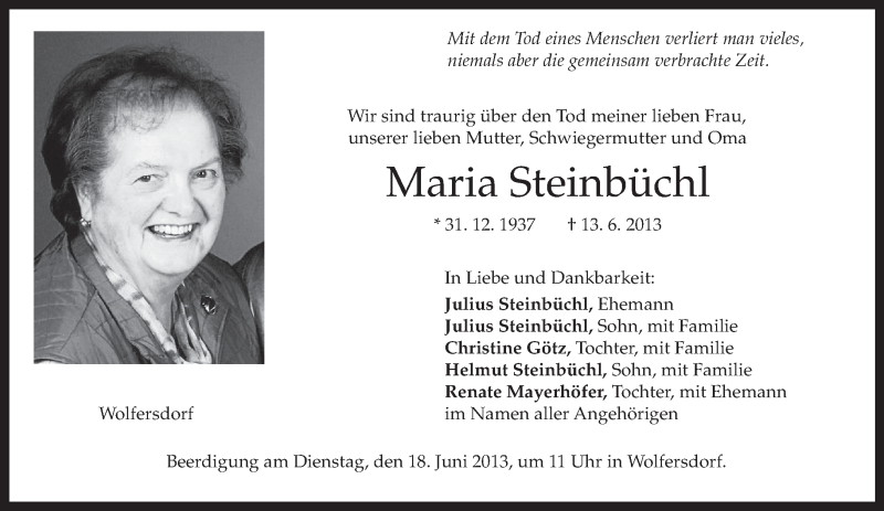  Traueranzeige für Maria Steinbüchl vom 17.06.2013 aus merkurtz