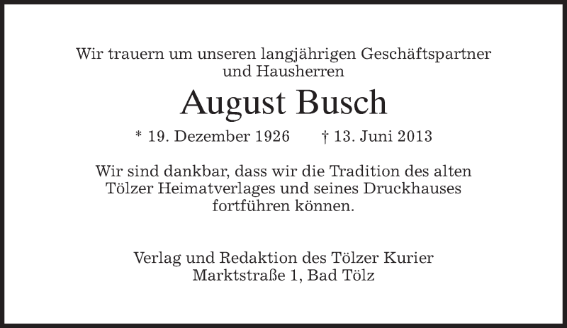  Traueranzeige für August Busch vom 17.06.2013 aus merkurtz
