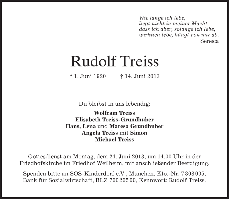  Traueranzeige für Rudolf Treiß vom 19.06.2013 aus merkurtz