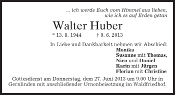 Traueranzeige von Walter Huber von merkurtz