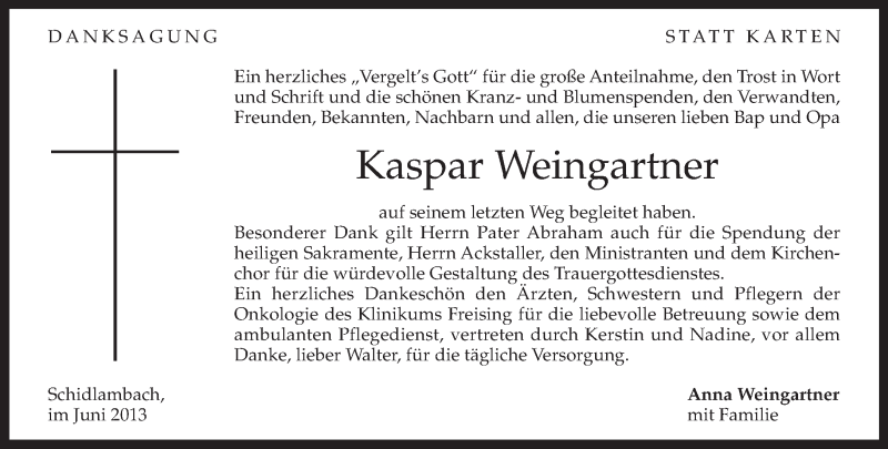  Traueranzeige für Kaspar Weingartner vom 22.06.2013 aus merkurtz