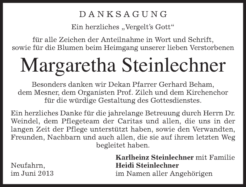  Traueranzeige für Margaretha Steinlechner vom 22.06.2013 aus merkurtz