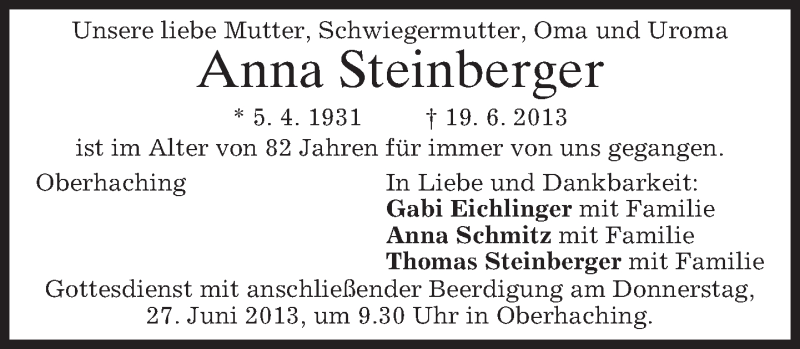  Traueranzeige für Anna Steinberger vom 22.06.2013 aus merkurtz