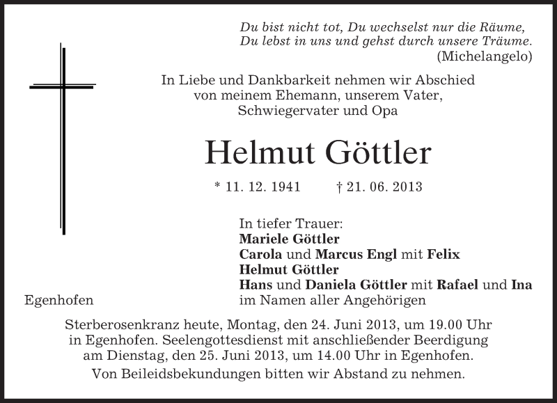  Traueranzeige für Helmut Göttler vom 24.06.2013 aus merkurtz