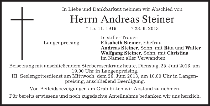  Traueranzeige für Andreas Steiner vom 25.06.2013 aus merkurtz