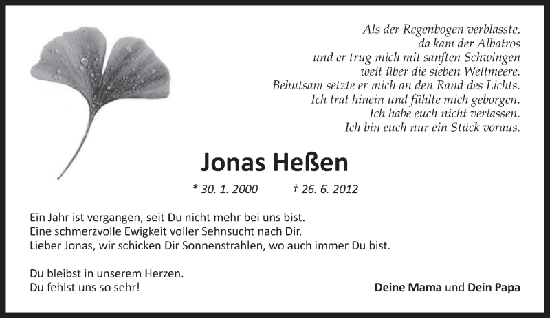  Traueranzeige für Jonas Heßen vom 26.06.2013 aus merkurtz