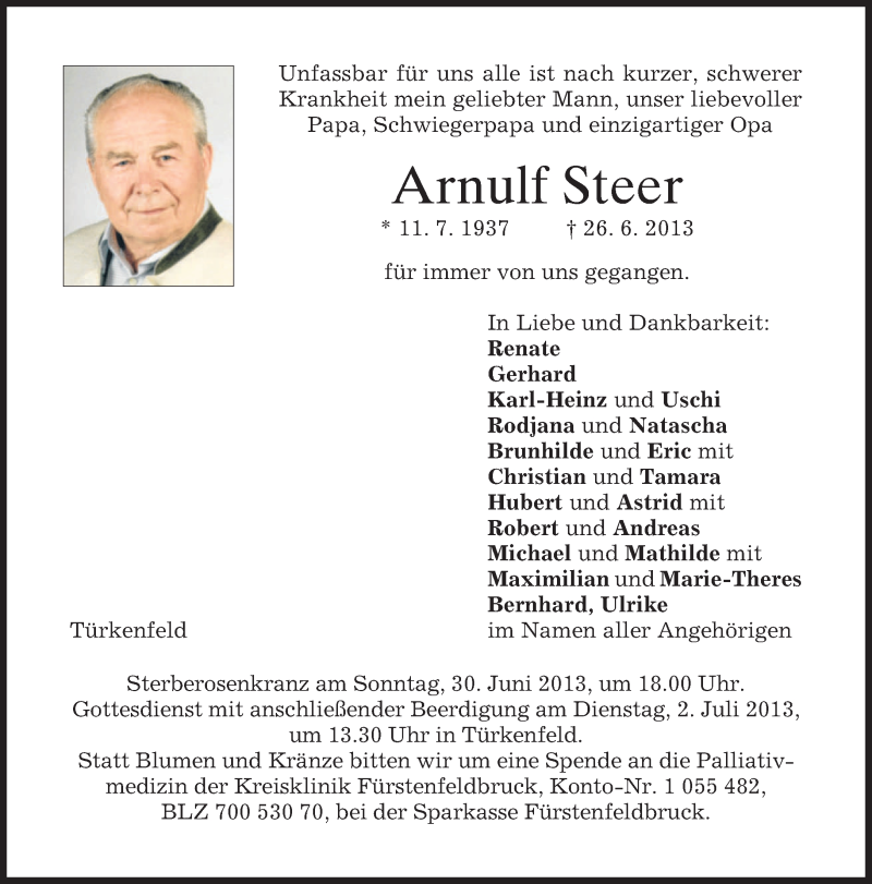  Traueranzeige für Arnulf Steer vom 28.06.2013 aus merkurtz
