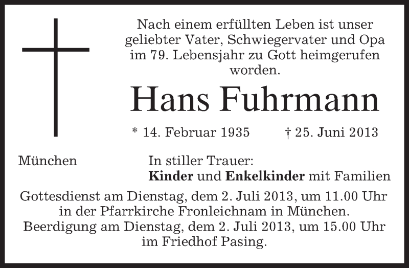  Traueranzeige für Hans Fuhrmann vom 29.06.2013 aus merkurtz