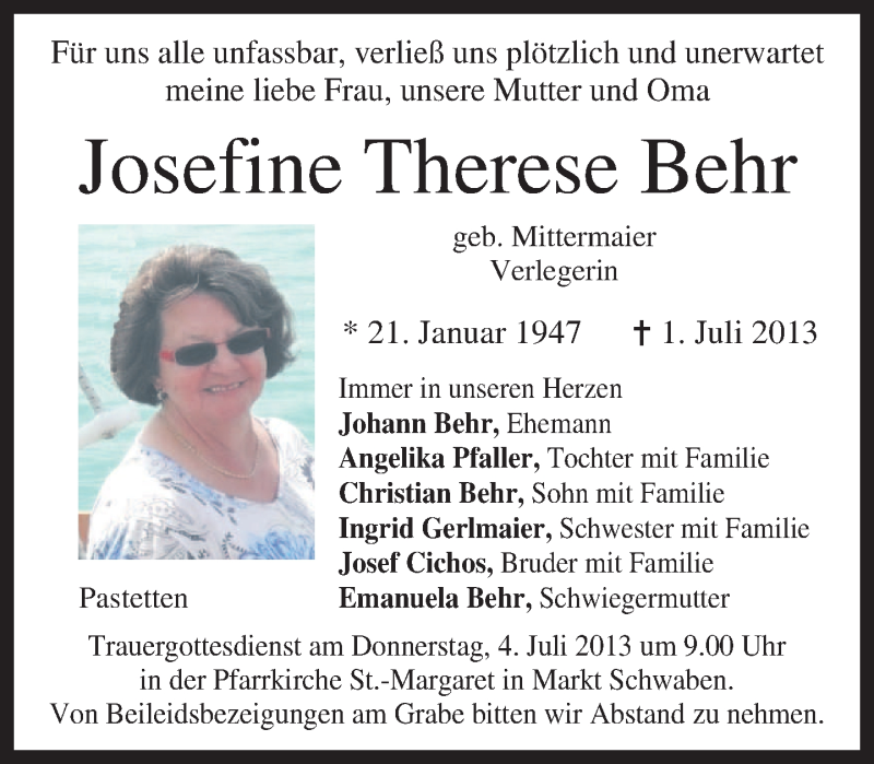  Traueranzeige für Josefine Therese Behr vom 03.07.2013 aus merkurtz