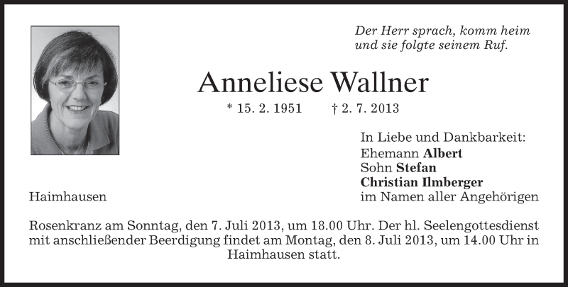  Traueranzeige für Anneliese Wallner vom 05.07.2013 aus merkurtz