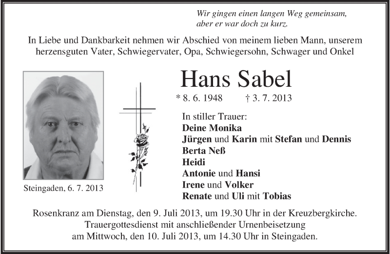  Traueranzeige für Hans Sabel vom 06.07.2013 aus merkurtz