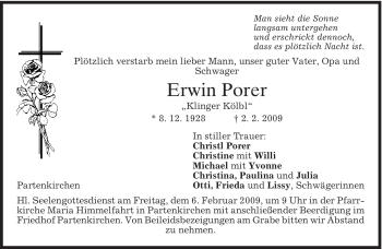 Traueranzeige von Erwin Porer von MERKUR & TZ