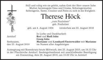 Traueranzeige von Therese Höck von MERKUR & TZ
