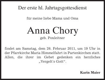 Traueranzeige von Anna Chory von MERKUR & TZ
