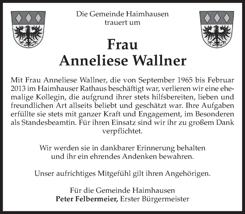  Traueranzeige für Anneliese Wallner vom 06.07.2013 aus merkurtz