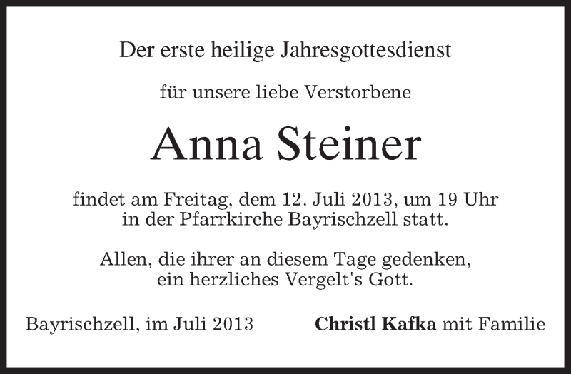  Traueranzeige für Anna Steiner vom 10.07.2013 aus merkurtz
