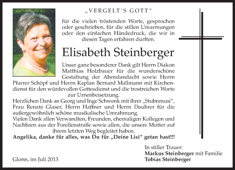  Traueranzeige für Elisabeth Steinberger vom 06.07.2013 aus merkurtz
