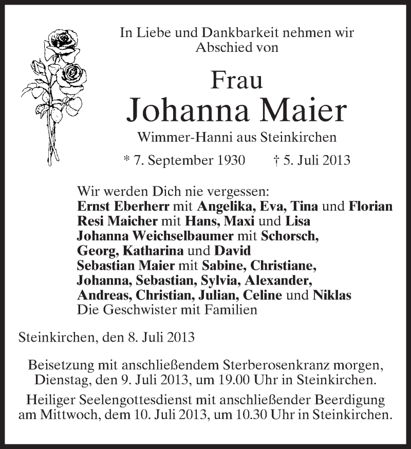  Traueranzeige für Johanna Maier vom 08.07.2013 aus merkurtz