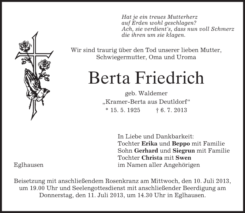  Traueranzeige für Berta Friedrich vom 09.07.2013 aus merkurtz
