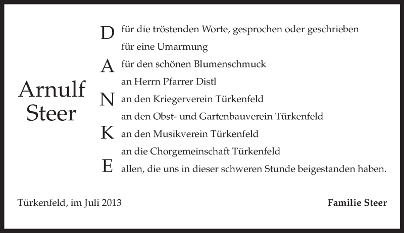 Traueranzeige für Arnulf Steer vom 13.07.2013 aus merkurtz