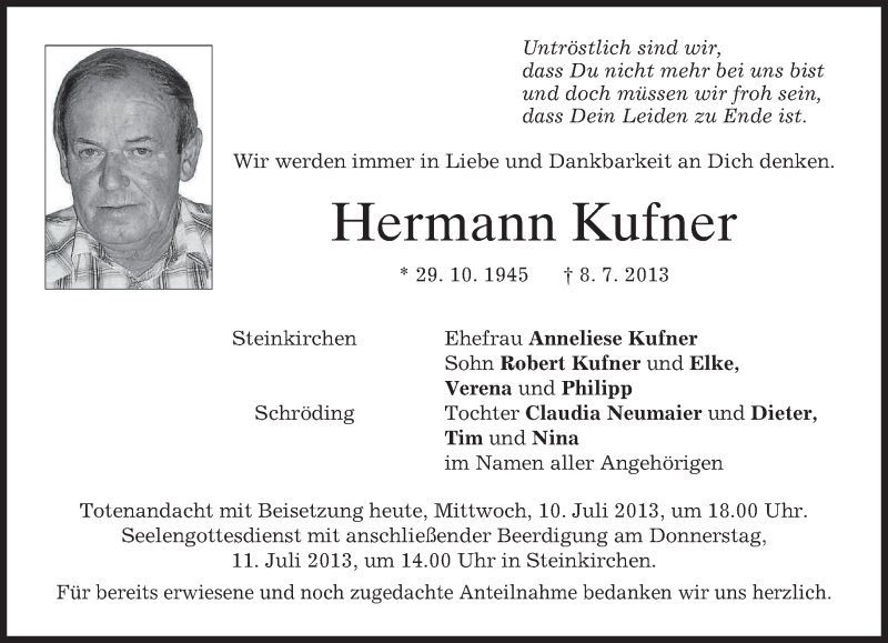  Traueranzeige für Hermann Kufner vom 10.07.2013 aus merkurtz