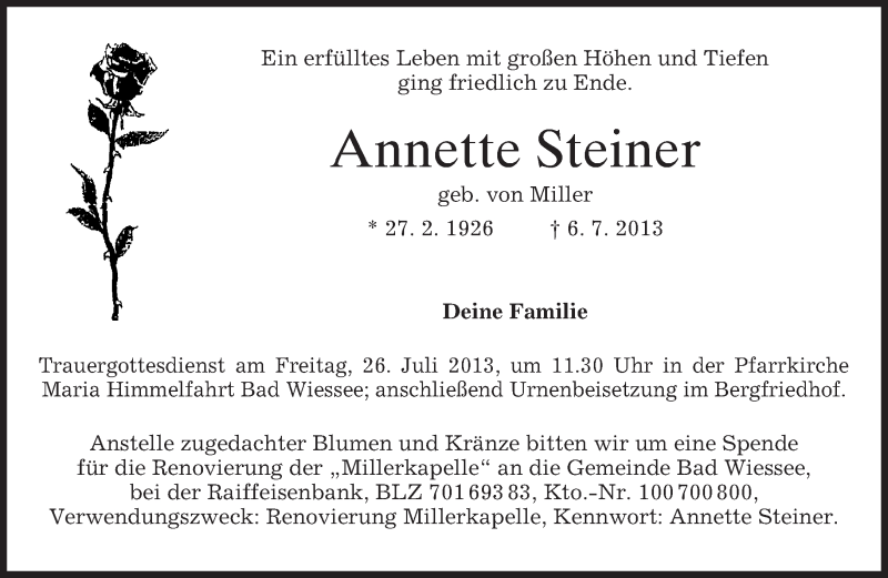  Traueranzeige für Annette Steiner vom 20.07.2013 aus merkurtz