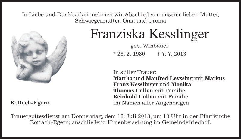 Traueranzeigen von Franziska Kesslinger | trauer.merkur.de