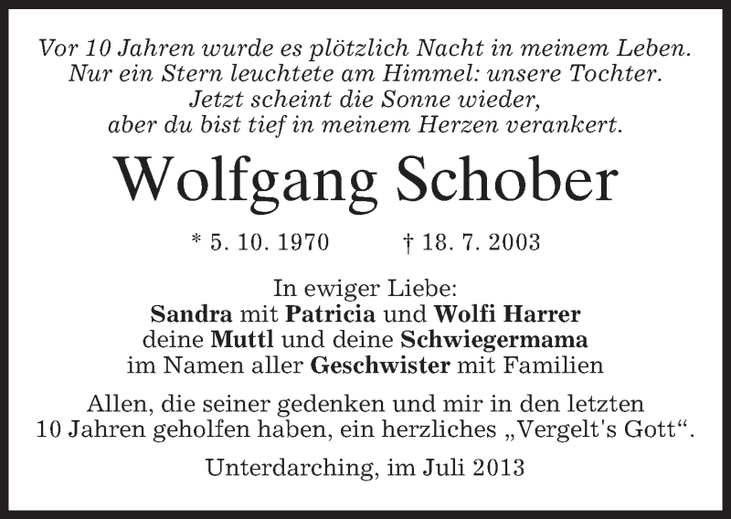  Traueranzeige für Wolfgang Schober vom 18.07.2013 aus merkurtz