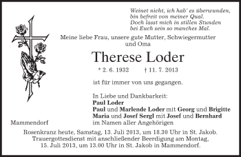 Traueranzeige von Therese Loder von merkurtz