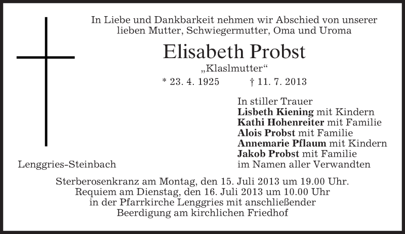  Traueranzeige für Elisabeth Probst vom 13.07.2013 aus merkurtz