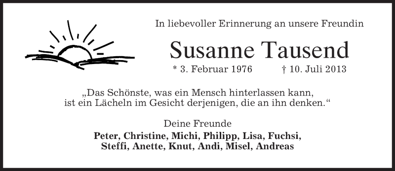  Traueranzeige für Susanne Tausend vom 15.07.2013 aus merkurtz
