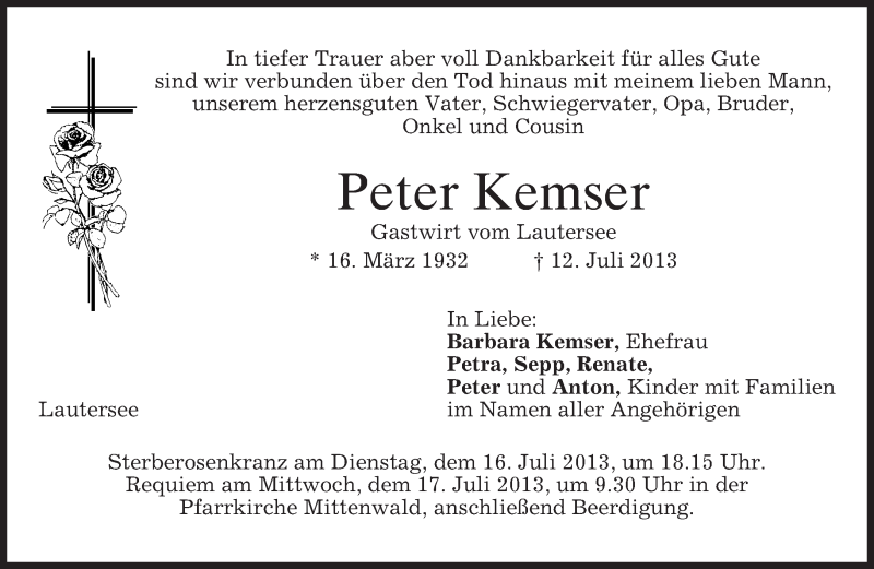  Traueranzeige für Peter Kemser vom 15.07.2013 aus merkurtz