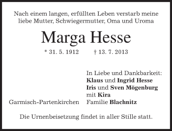 Traueranzeige von Marga Hesse von merkurtz