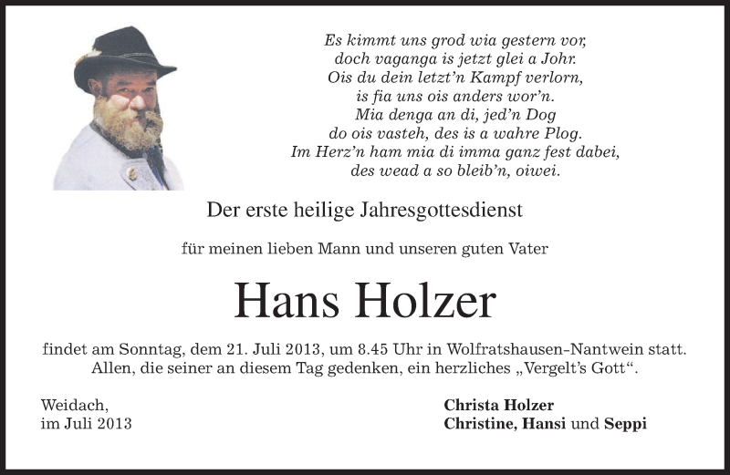  Traueranzeige für Hans Holzer vom 19.07.2013 aus merkurtz