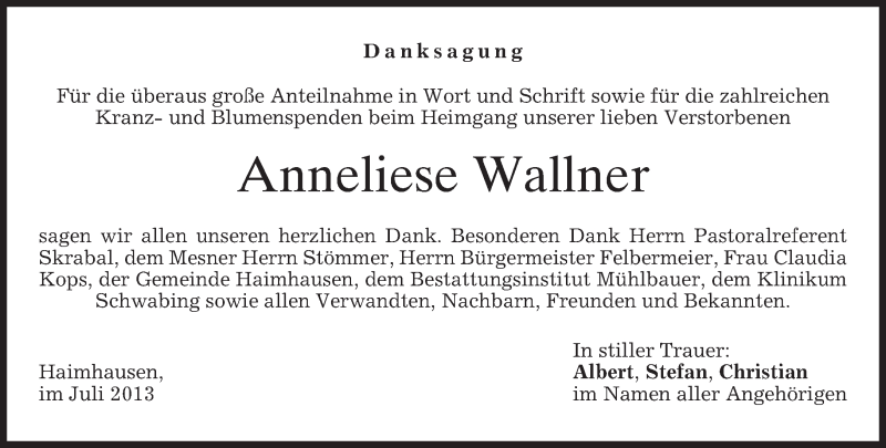  Traueranzeige für Anneliese Wallner vom 20.07.2013 aus merkurtz