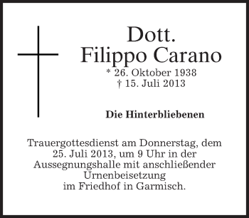 Traueranzeige von Filippo Carano von merkurtz