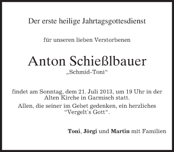 Traueranzeige von Anton Schießlbauer von merkurtz