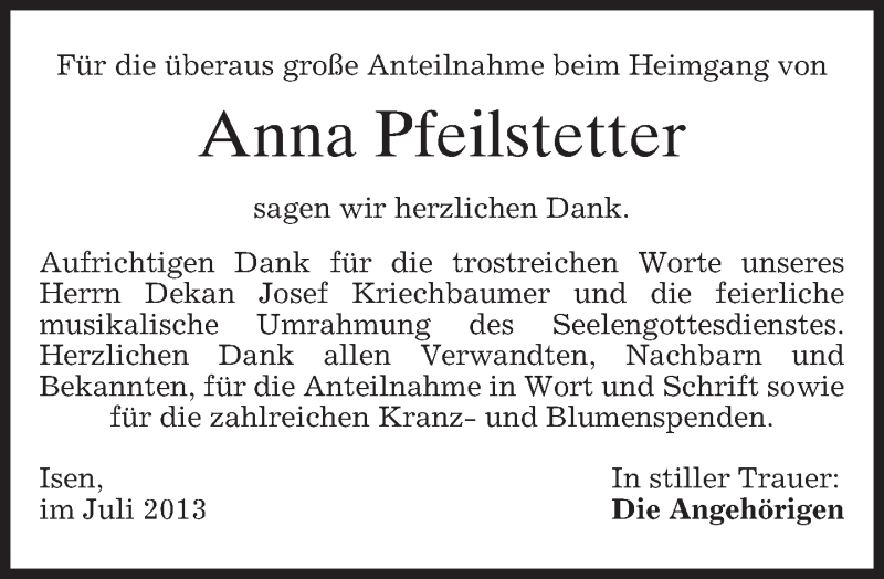  Traueranzeige für Anna Pfeilstetter vom 20.07.2013 aus merkurtz