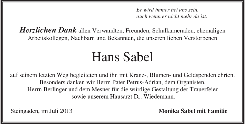  Traueranzeige für Hans Sabel vom 20.07.2013 aus merkurtz