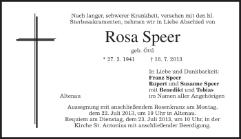 Traueranzeige von Rosa Speer von merkurtz