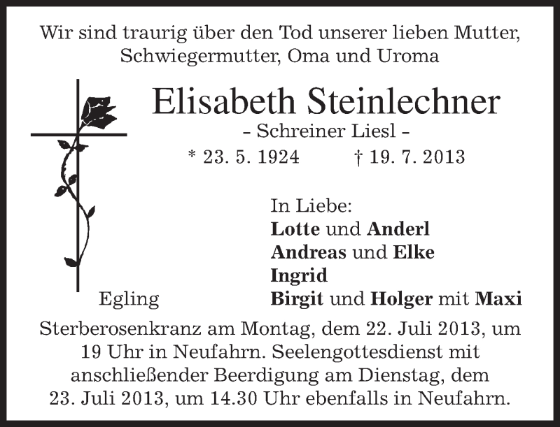  Traueranzeige für Elisabeth Steinlechner vom 20.07.2013 aus merkurtz