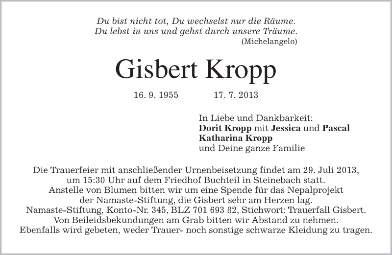  Traueranzeige für Gisbert Kropp vom 25.07.2013 aus merkurtz