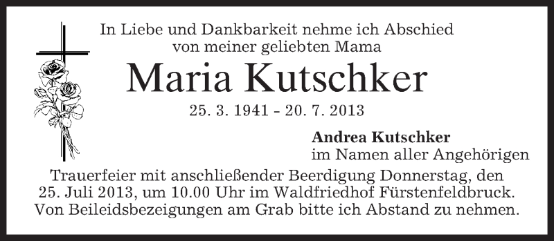 Traueranzeige für Maria Kutschker vom 23.07.2013 aus merkurtz