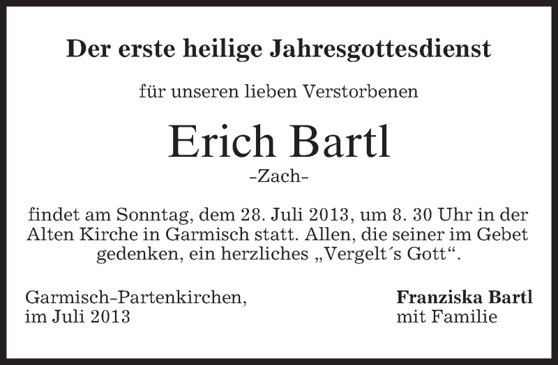  Traueranzeige für Erich Bartl vom 24.07.2013 aus merkurtz