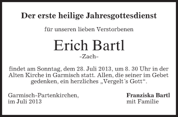 Traueranzeige von Erich Bartl von merkurtz