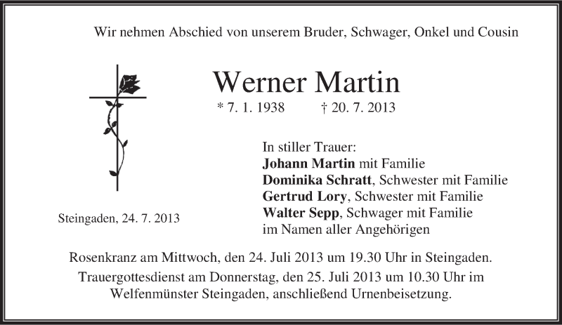  Traueranzeige für Werner Martin vom 24.07.2013 aus merkurtz