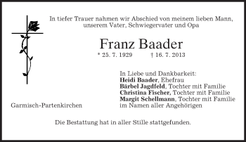 Traueranzeige von Franz Baader von merkurtz