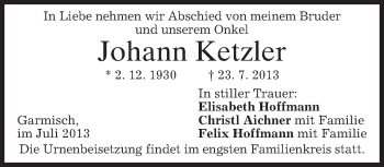 Traueranzeige von Johann Ketzler von merkurtz